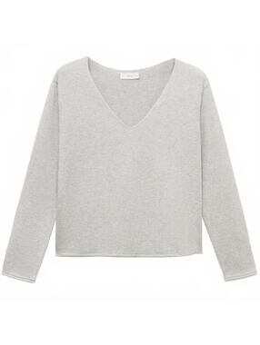 Mango Cotton Blend V-Neck Sweater Rolls Light Heather Grey NWT Teens XS